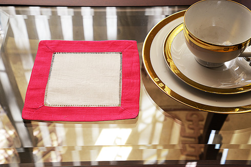 White Hemstitch Cocktail Napkin 6" with Hot Pink border - Click Image to Close